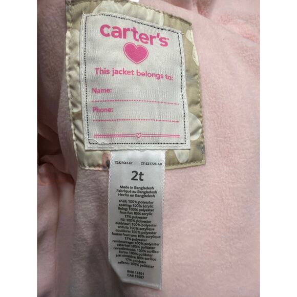 Carter's Toddler Girls Tan & White Pink Floral Winter Coat Jacket Size 2T - Picture 3 of 3